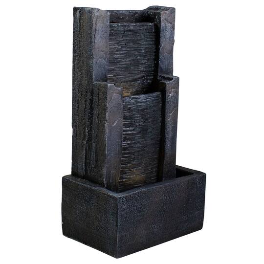 23.5" Black & Gray Modern Lighted Three-Tier Outdoor Garden Water Fountain